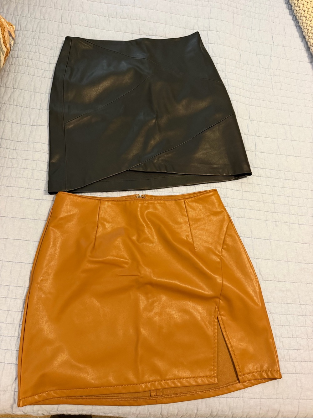 Faux Leather Mini Skirt — Black and Caramel